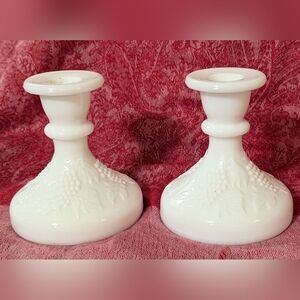 Vintage Westmoreland 2 Milk Glass Candle Stick Holders Grape Vine Design
